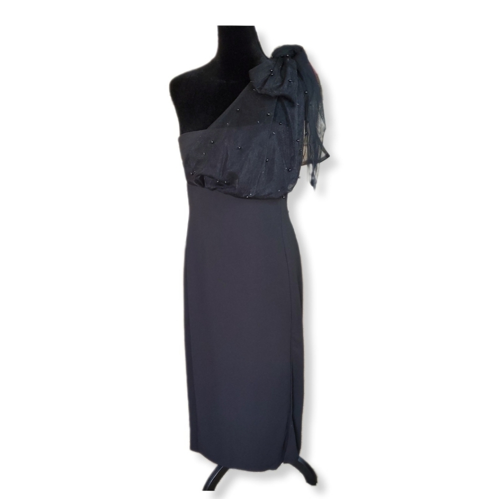 NWOT Lulus Elegant Indication Black Mesh Pearl One-Shoulder Midi Dress Sz L